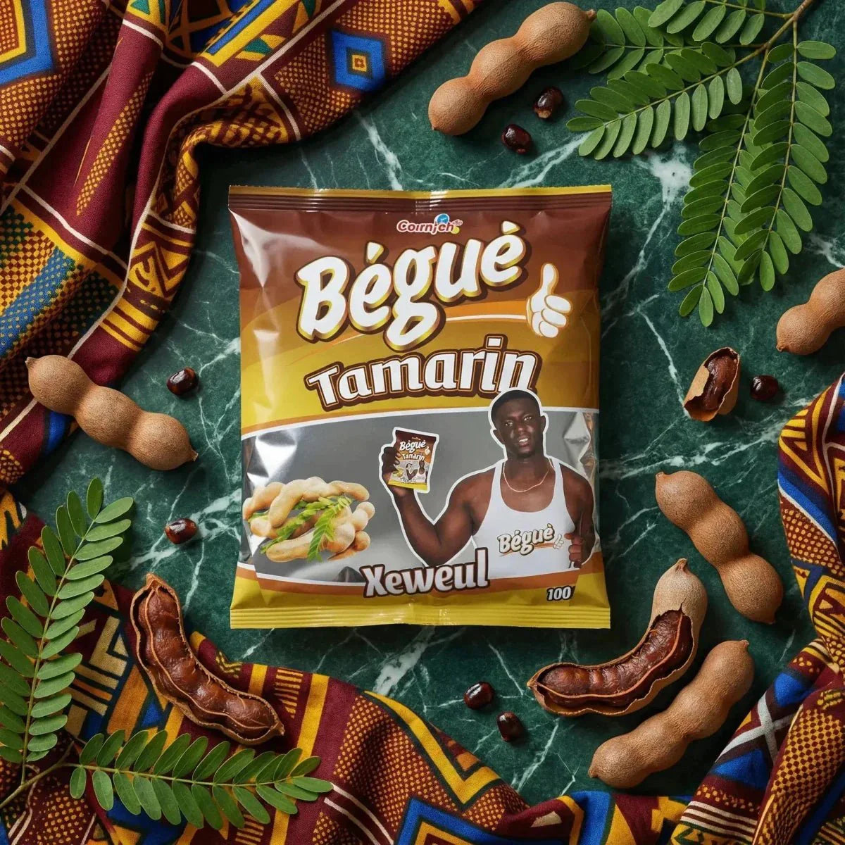 Zakje BÉGUÉ Tamarin Xeweul, tamarinde snoepjes. Vruchten, bladeren en gekleurd stof.