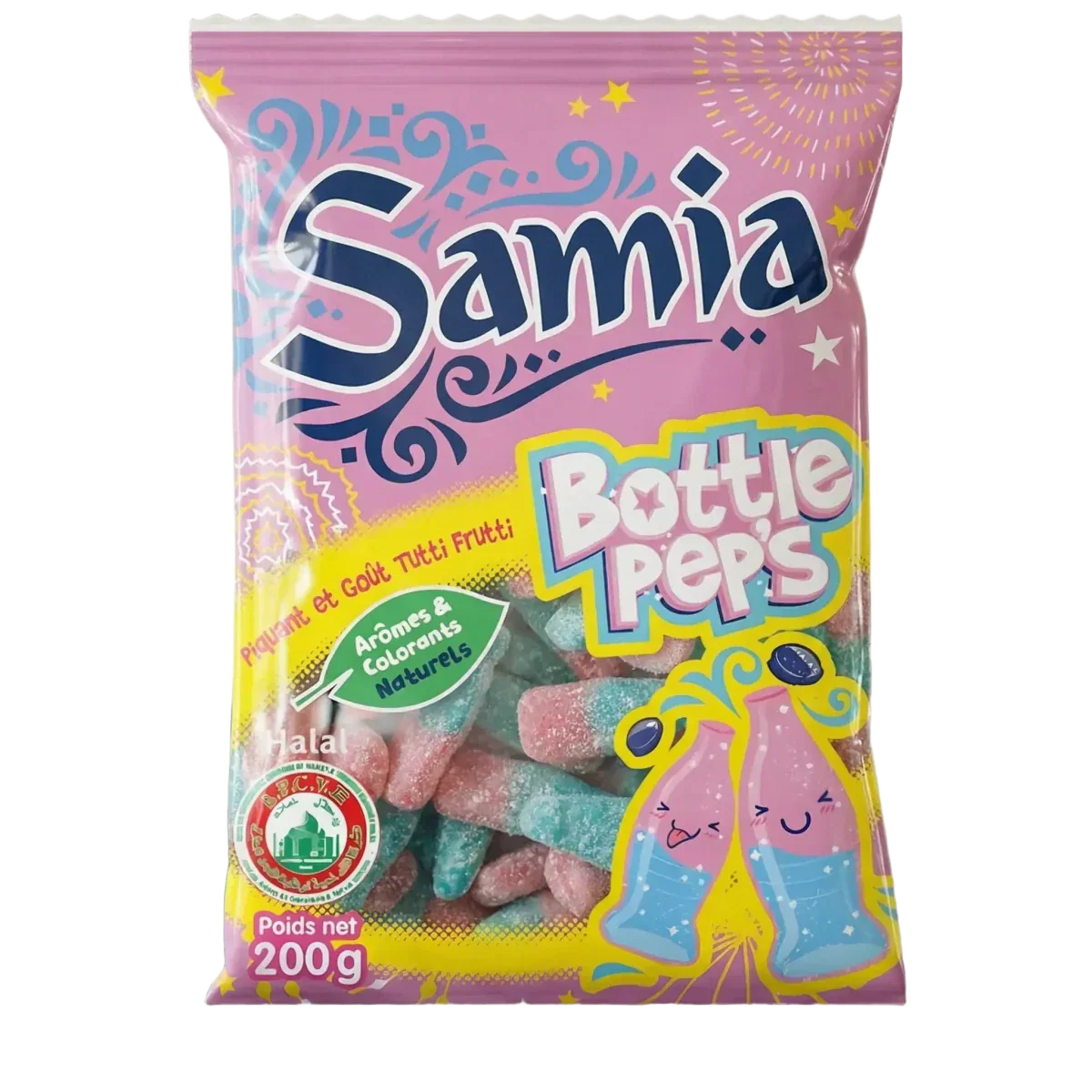 Pak zure halal snoepjes Samia Bottle Pep's, Tutti Frutti smaak, 200g. Roze verpakking.