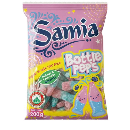 Pak zure halal snoepjes Samia Bottle Pep's, Tutti Frutti smaak, 200g. Roze verpakking.