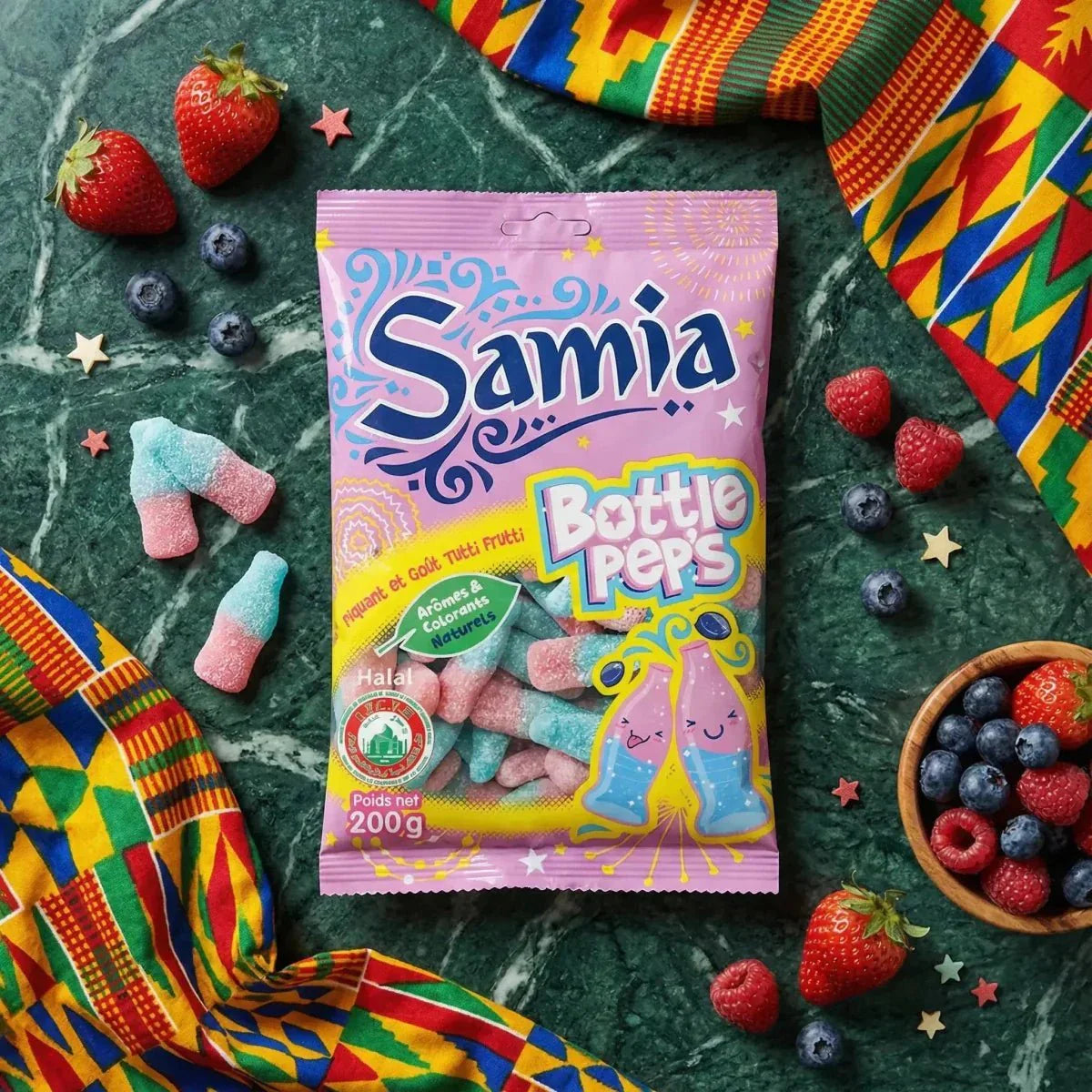 Samia Bottle Pep's Halal zure snoepjes. Roze verpakking, fruitige toets, smakelijke decoratie.