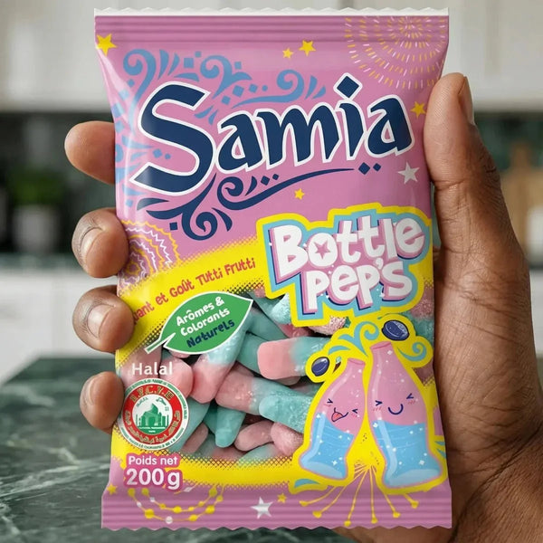 Sachet rose de bonbons halal Samia Bottle Pep's, goût Tutti Frutti, 200g.