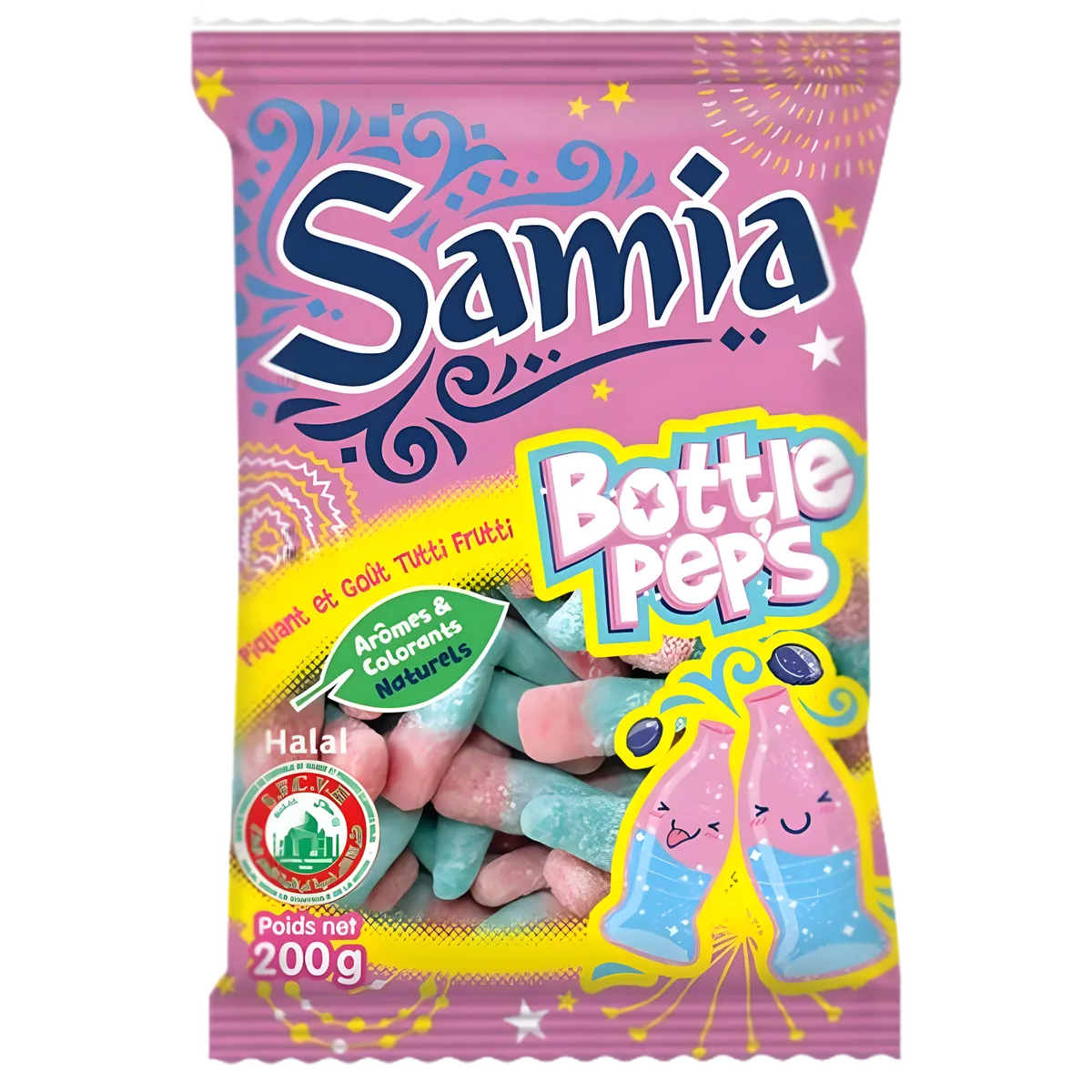 Bonbons Halal SAMIA Bottle Pep's en sachet 200g, gélatine fruitée goût tutti frutti, certifiés halal, parfaits pour l'épicerie sucrée.