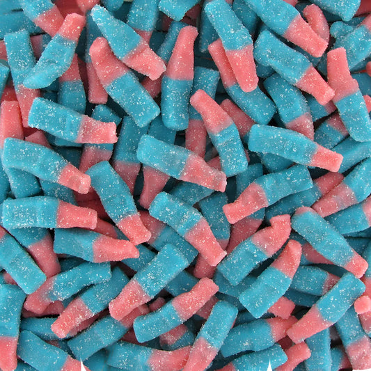 Bonbons gélifiés SAMIA Bottle Pep's bicolores bleu et rose, en forme de bouteilles, au goût fruité pétillant, spécial épicerie sucrée halal.