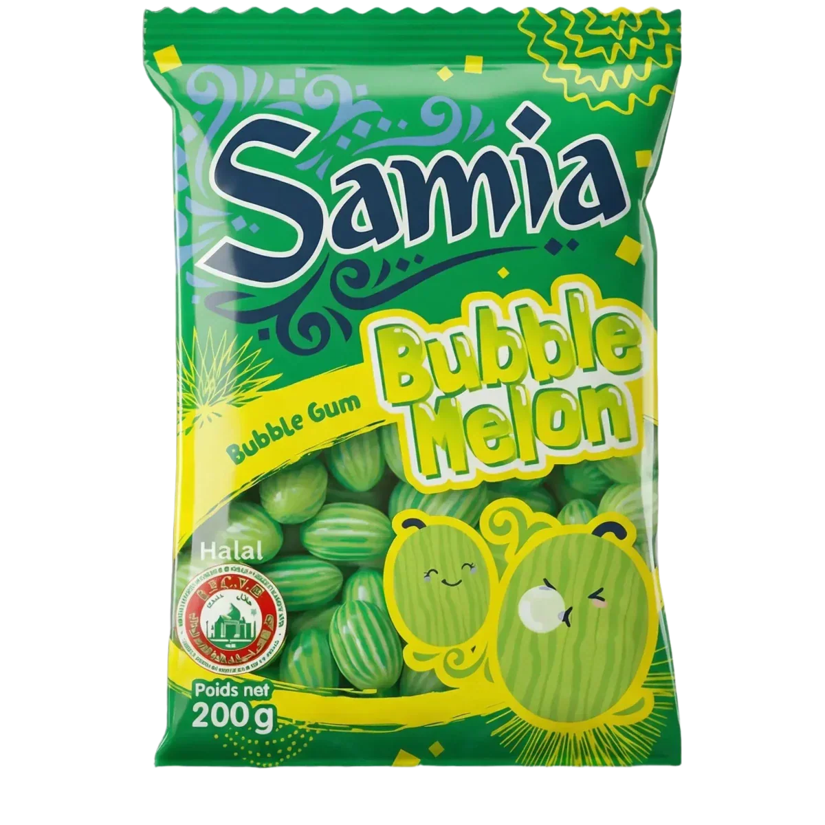 Groen zakje bubble melon halal snoepjes SAMIA 200g, meloenmotieven & halal label.