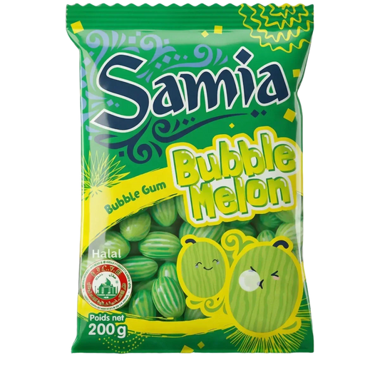 Groen zakje bubble melon halal snoepjes SAMIA 200g, meloenmotieven & halal label.