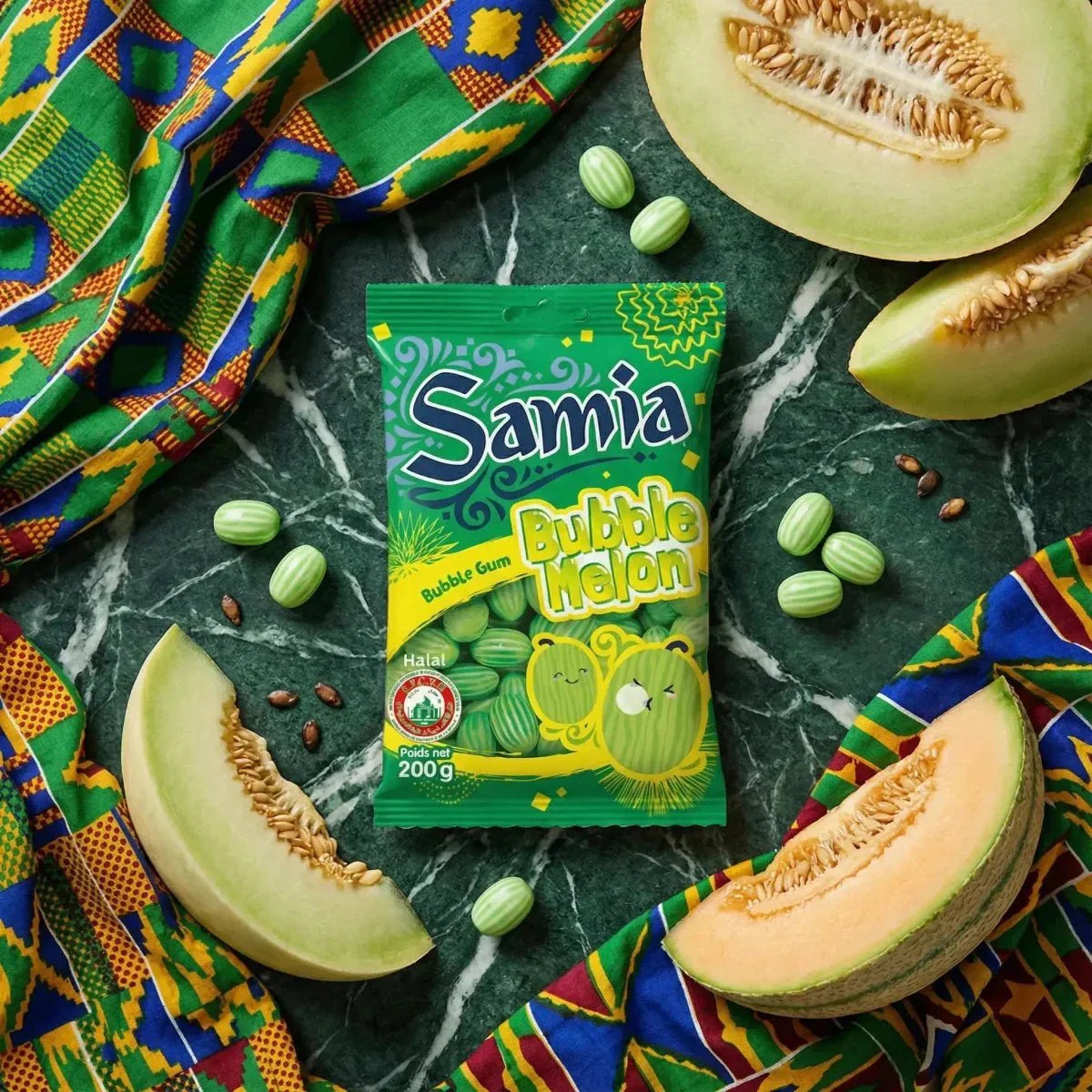 Halal SAMIA bubble melon candies 200g, green packaging, sliced melons, African fabric.