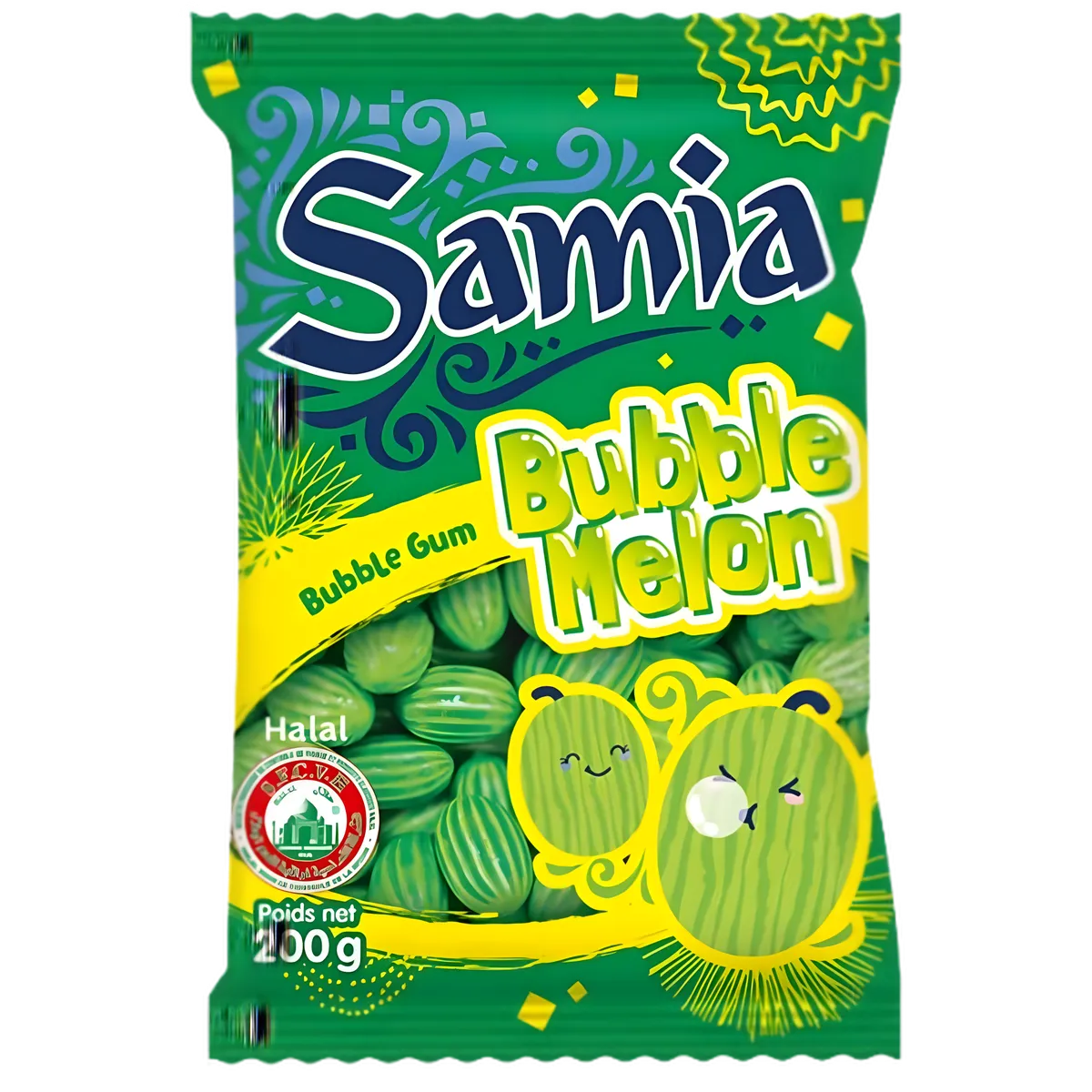 Bonbons Melon Halal SAMIA - Saveur Fruitée en sachet de 100g, emballage vert vif avec illustrations ludiques, certifiés halal.
