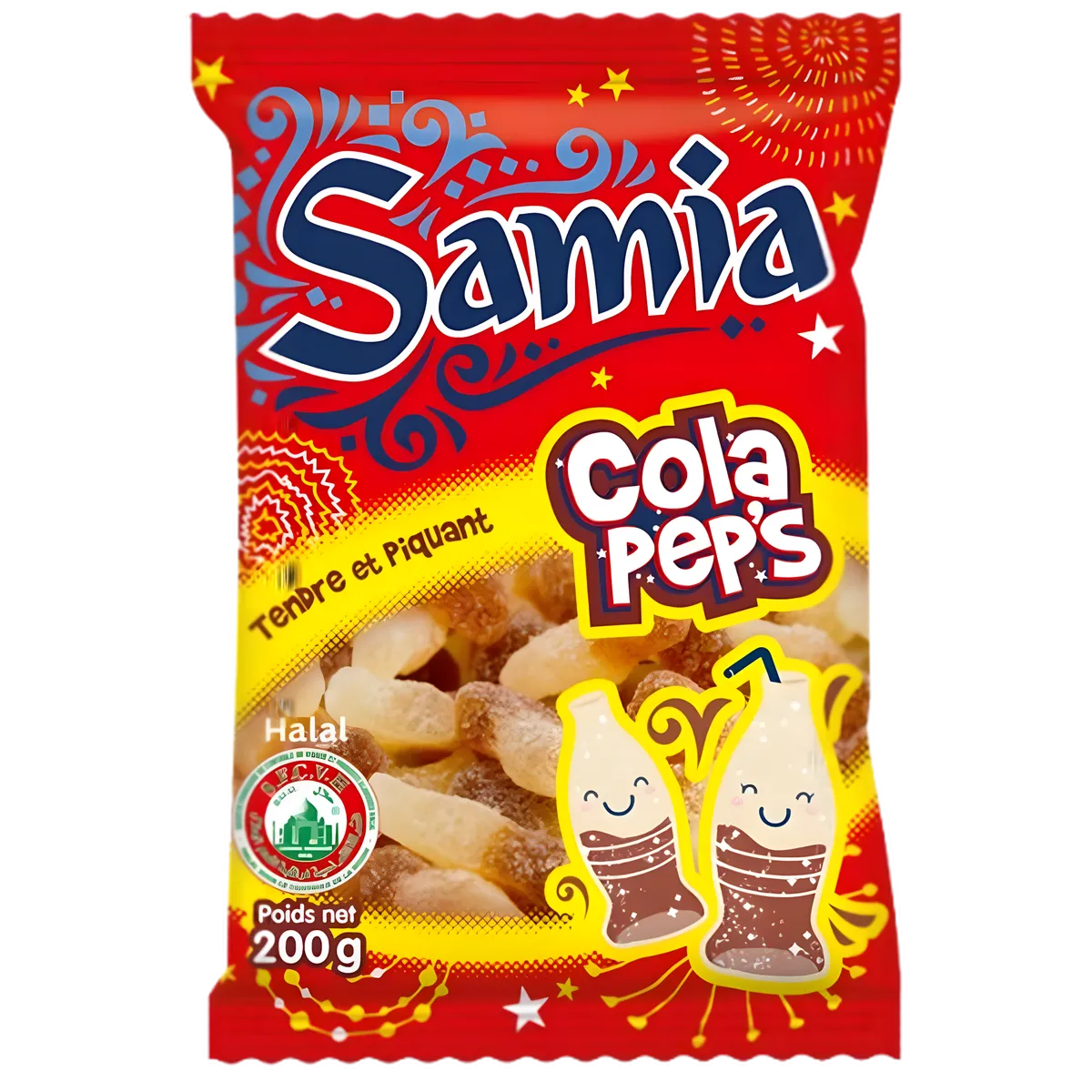 Bonbons Cola Pep's Halal - Saveur Cola | SAMIA, sachet de 200g aux couleurs vives, bonbons gélifiés en forme de bouteille, tendre et piquant.