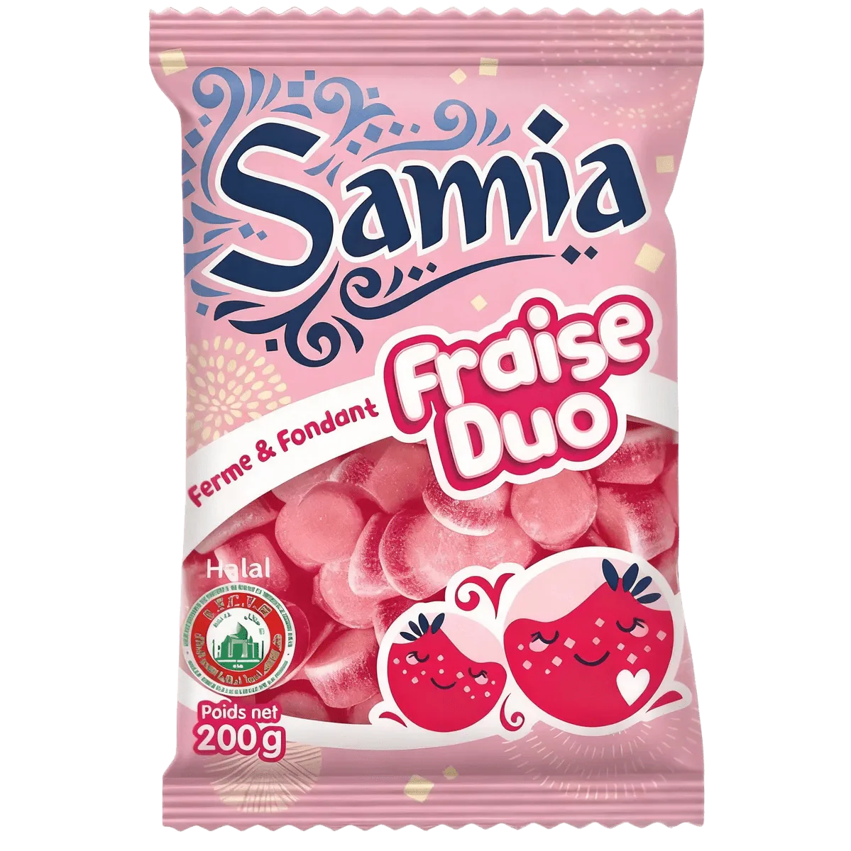 Roze zakje halal snoepjes Samia aardbei duo: roze snoepjes, logo, halal symbool.