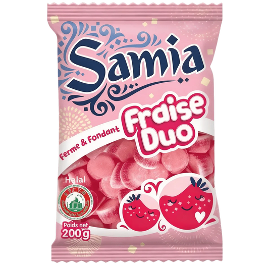 Roze zakje halal snoepjes Samia aardbei duo: roze snoepjes, logo, halal symbool.