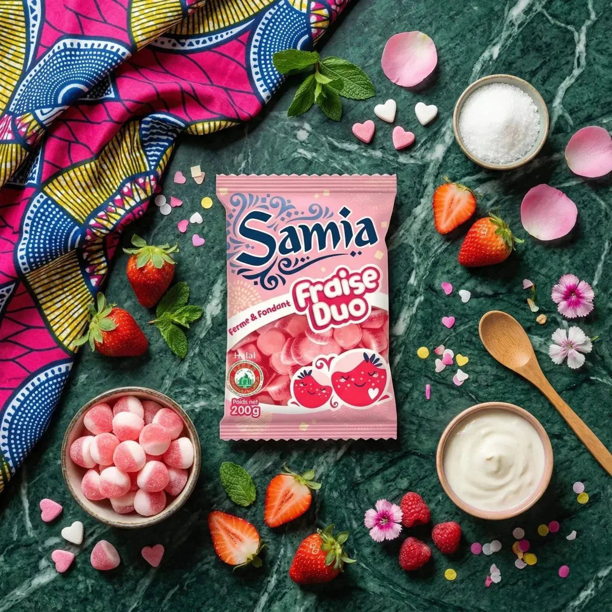 Zakje roze snoepjes "Aardbei Duo" Samia 200g, verse aardbeien, yoghurt, gekleurd stofje.