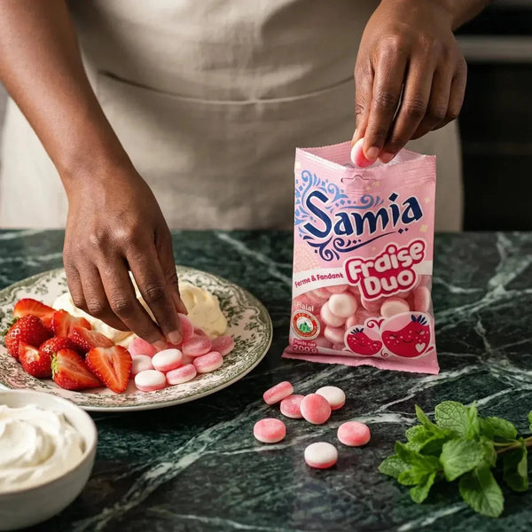 Bonbons fraise Duo Halal SAMIA, emballage rose, dégustation avec fraises fraîches & crème.