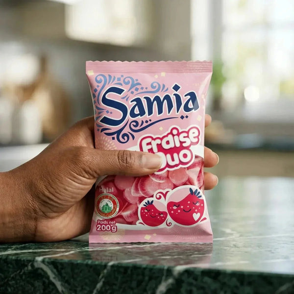 Sachet rose de bonbons Halal Samia Fraise Duo, 200g, tenu à la main sur un comptoir en marbre.