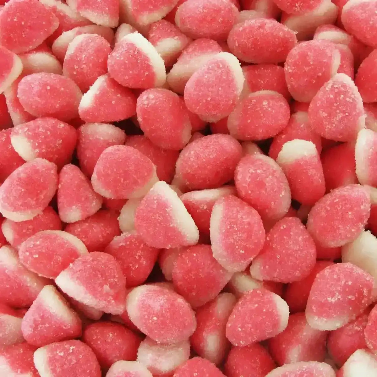 Gros plan sur bonbons fraise duo halal SAMIA, texture bicolore sucrée, parfaits pour les amateurs de confiseries fruitées halal.