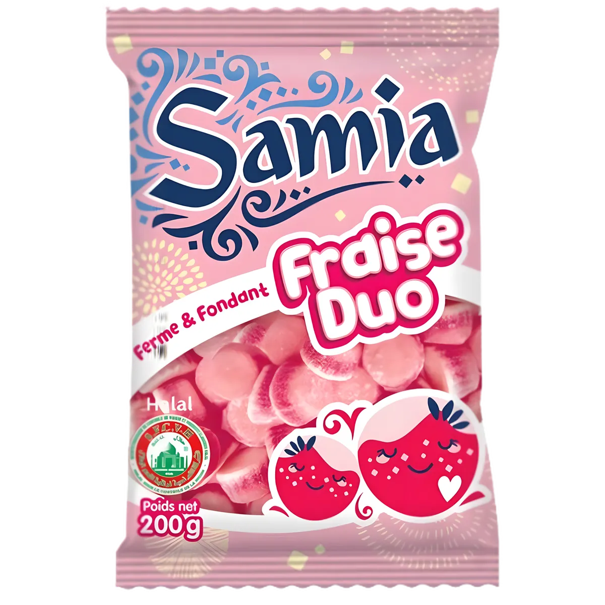 Bonbons fraise duo halal SAMIA en sachet de 200g, emballage rose illustré avec des fraises ludiques, idéal pour l'épicerie sucrée halal.