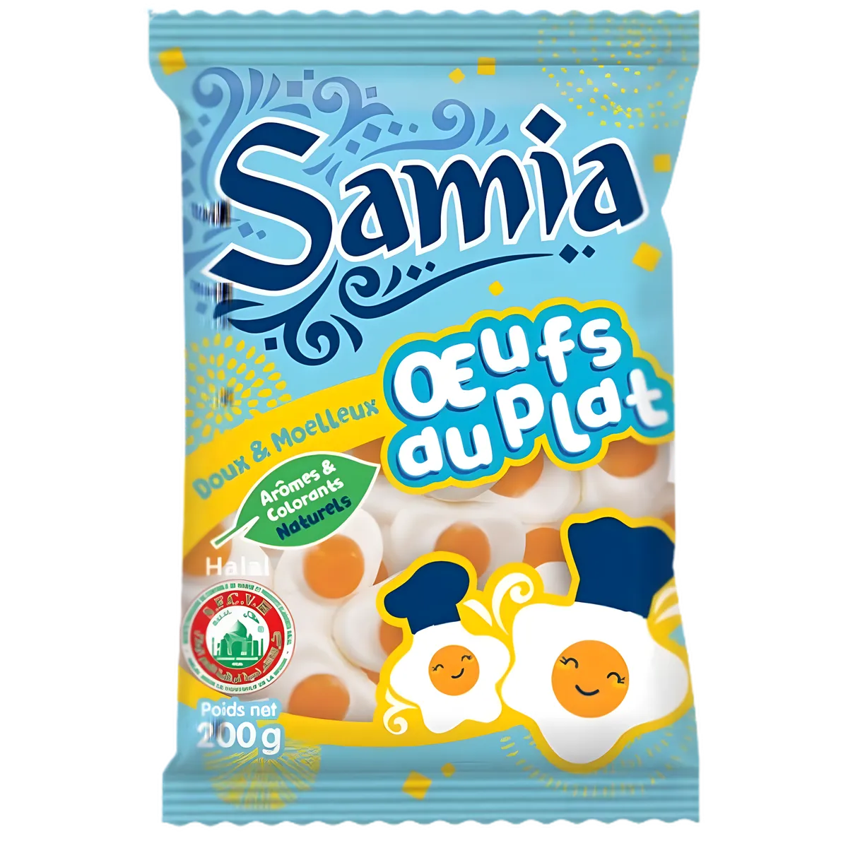 Bonbons Oeufs Halal SAMIA - Friandise Savoureuse en sachet de 200g, gélifiés doux et moelleux, certifiés halal pour l'épicerie sucrée.