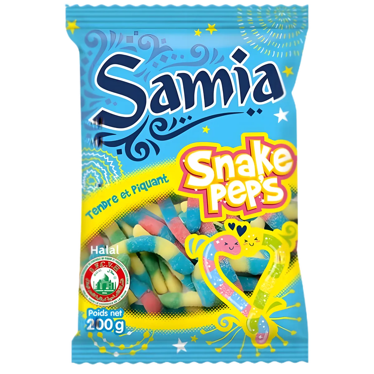 Bonbons halal Samia Snake Pep's en sachet de 200g, friandises gélifiées en forme de serpent, tendres et fruitées, certifiées halal.