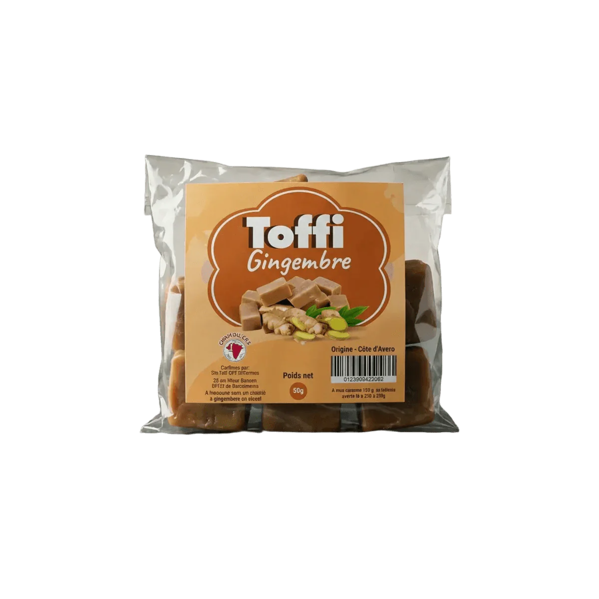 Transparent bag of Toffi Caramel ginger candies, brown and beige label.