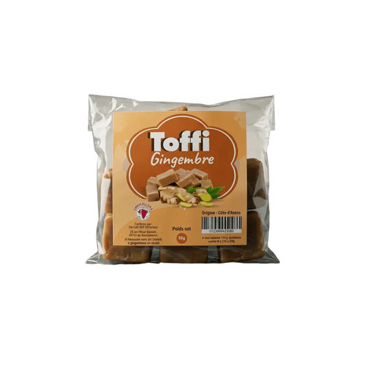 Sachet transparent de bonbons au gingembre Toffi Caramel, étiquette marron et beige.