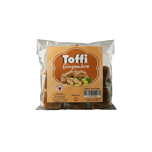 Sachet transparent de bonbons au gingembre Toffi Caramel, étiquette marron et beige.
