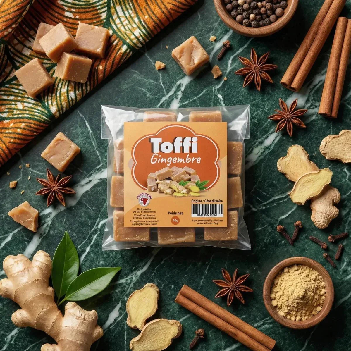 Toffi-karamel-gember snoepjes in zak, op marmeren tafel met verse gember, steranijs.