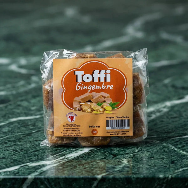 Sachet de bonbons Toffi Gingembre, étiquette orange, vert marbré. Bonbons caramélisés au gingembre.