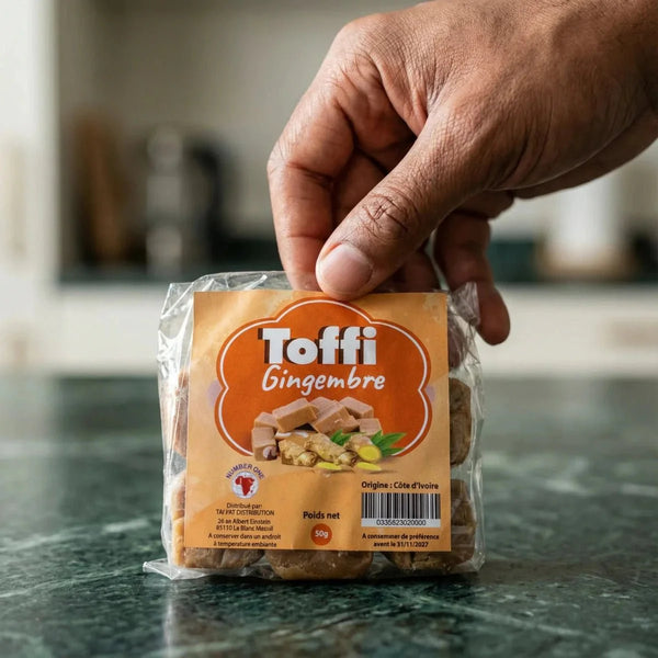 Sachet de Toffi Gingembre tenu par une main, emballage orange et transparent, saveur Côte d'Ivoire.