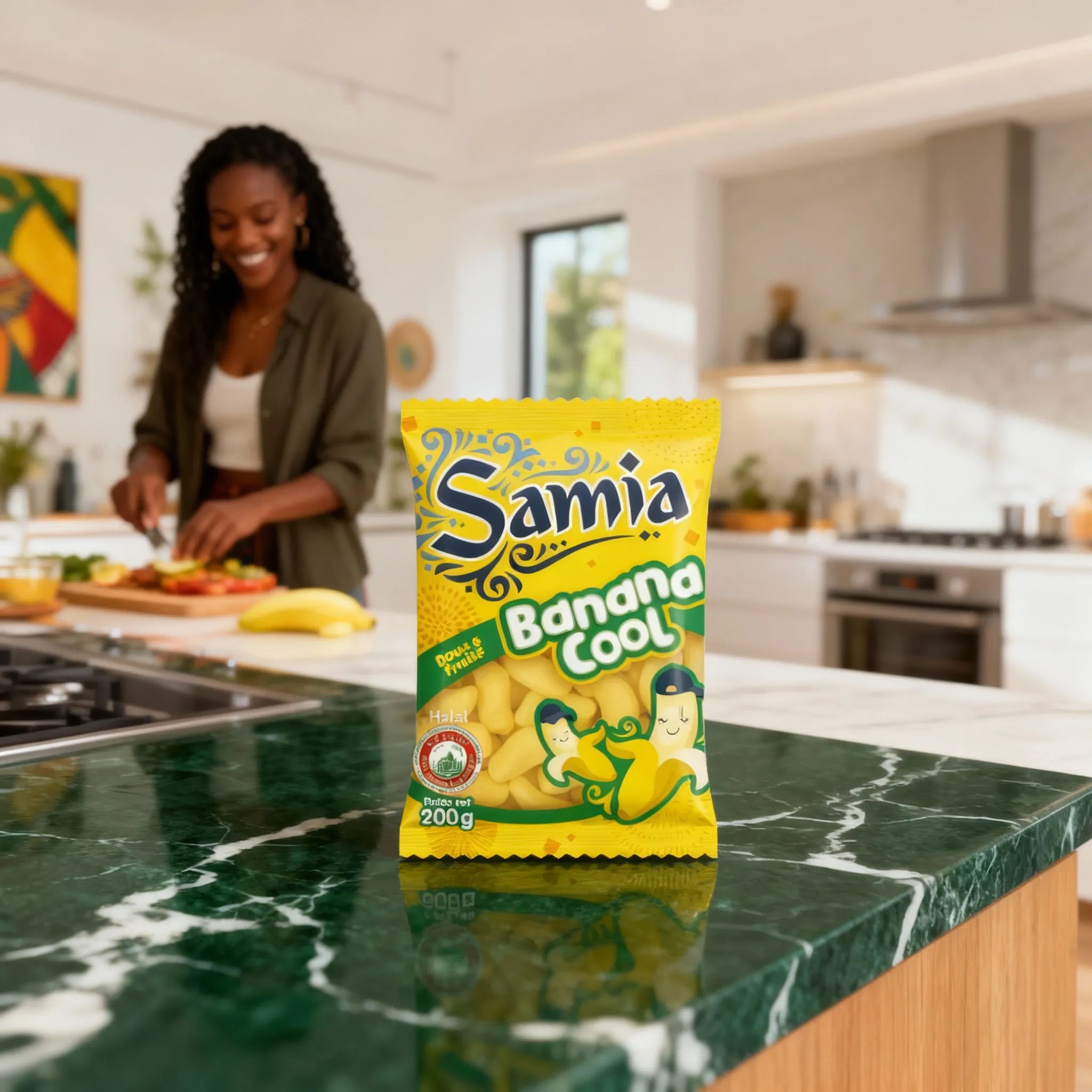 Bonbons Banane Halal - SAMIA sur un comptoir de cuisine moderne, avec une femme préparant des fruits en arrière-plan.