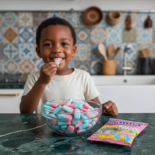 Enfant dégustant des bonbons halal SAMIA Bottle Pep's dans une cuisine, bonbons gélifiés bleus et roses au goût fruité pétillant.