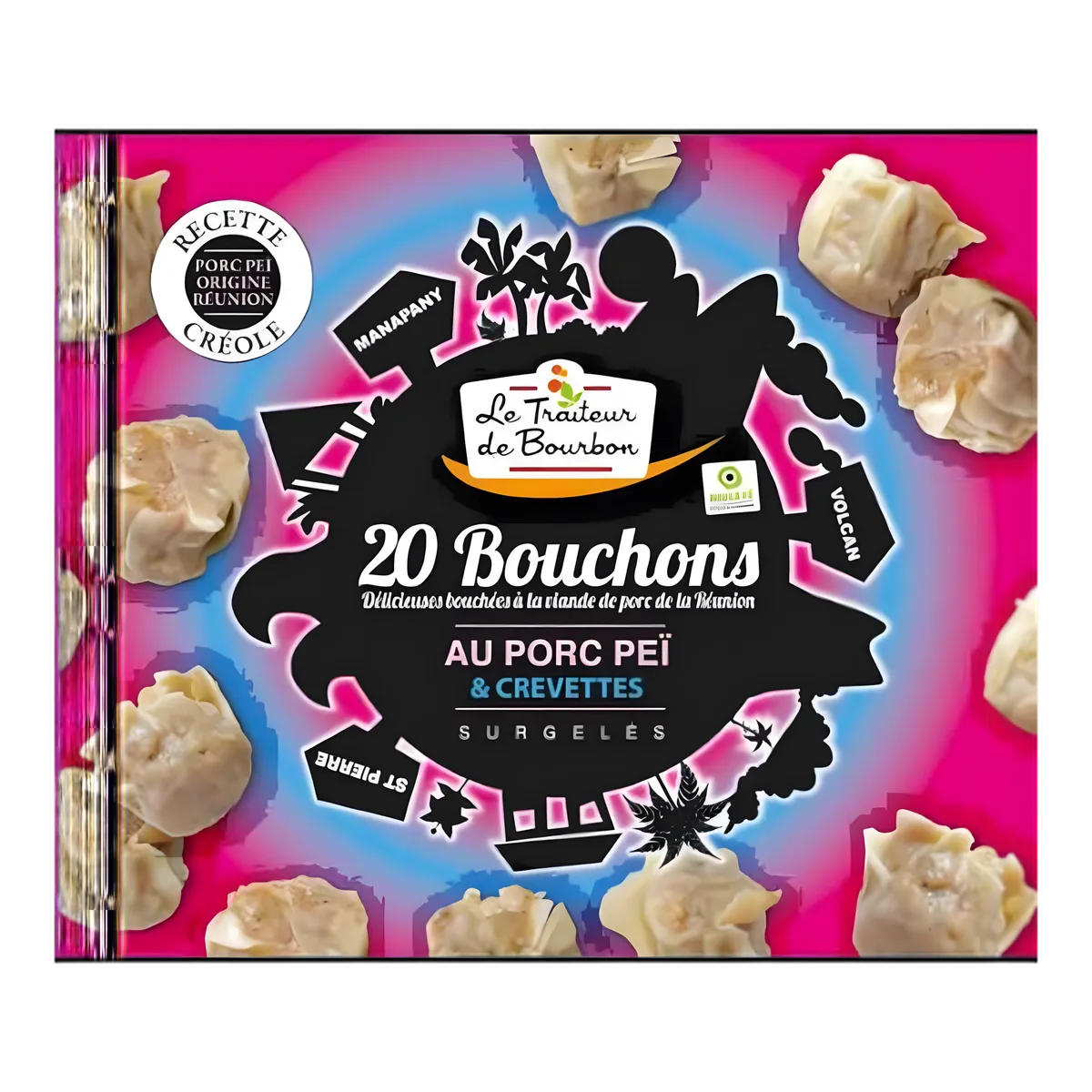 Bouchon Crevette Porc - Bourbon, boîte de 20 bouchées surgelées au porc péï et crevettes, spécialité réunionnaise savoureuse.