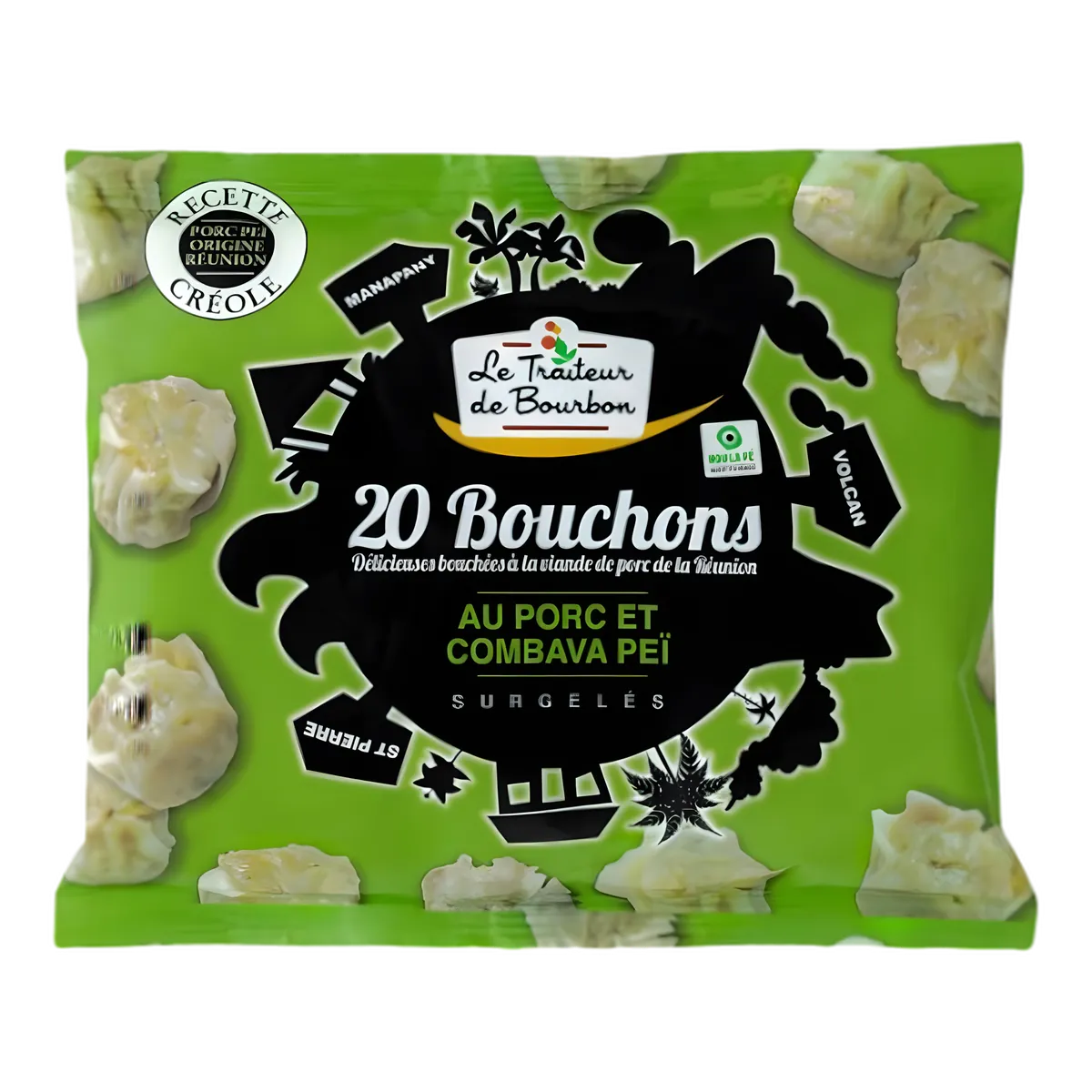 Emballage vert de Bouchon Porc Combawa LE TRAITEUR DE BOURBON, spécialité créole surgelée à base de viande de porc et combava, 20 pièces.
