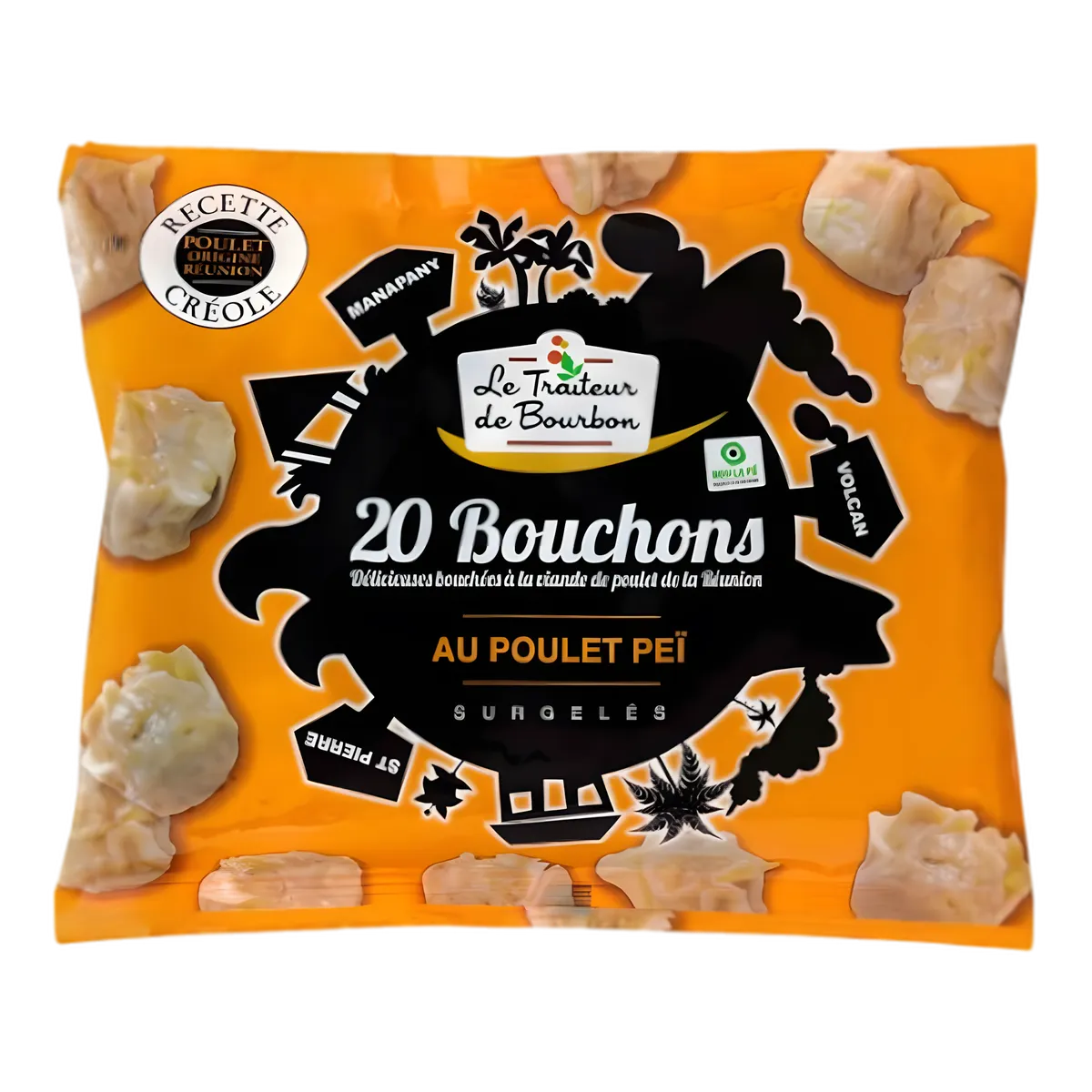 Emballage orange des bouchons poulet LE TRAITEUR DE BOURBON, spécialité créole surgelée à base de volaille, idéale pour une expérience culinaire authentique.