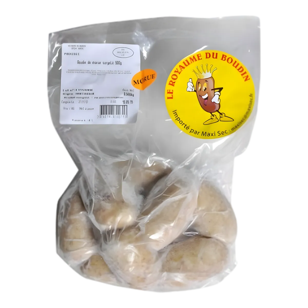 Boudin morue de Martinique emballé sous vide, spécialité antillaise authentique au poisson salé, prêt à cuire pour repas traditionnels.