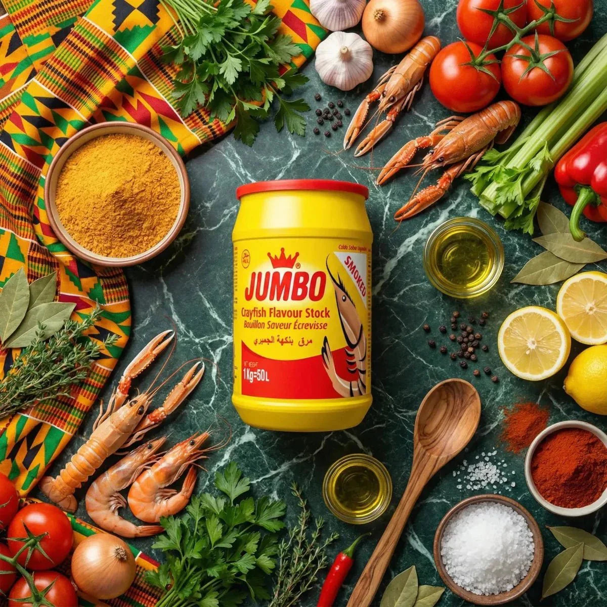 Gerookte garnalenbouillon JUMBO 1kg, gele en rode pot, omringd door verse ingrediënten en kruiden.