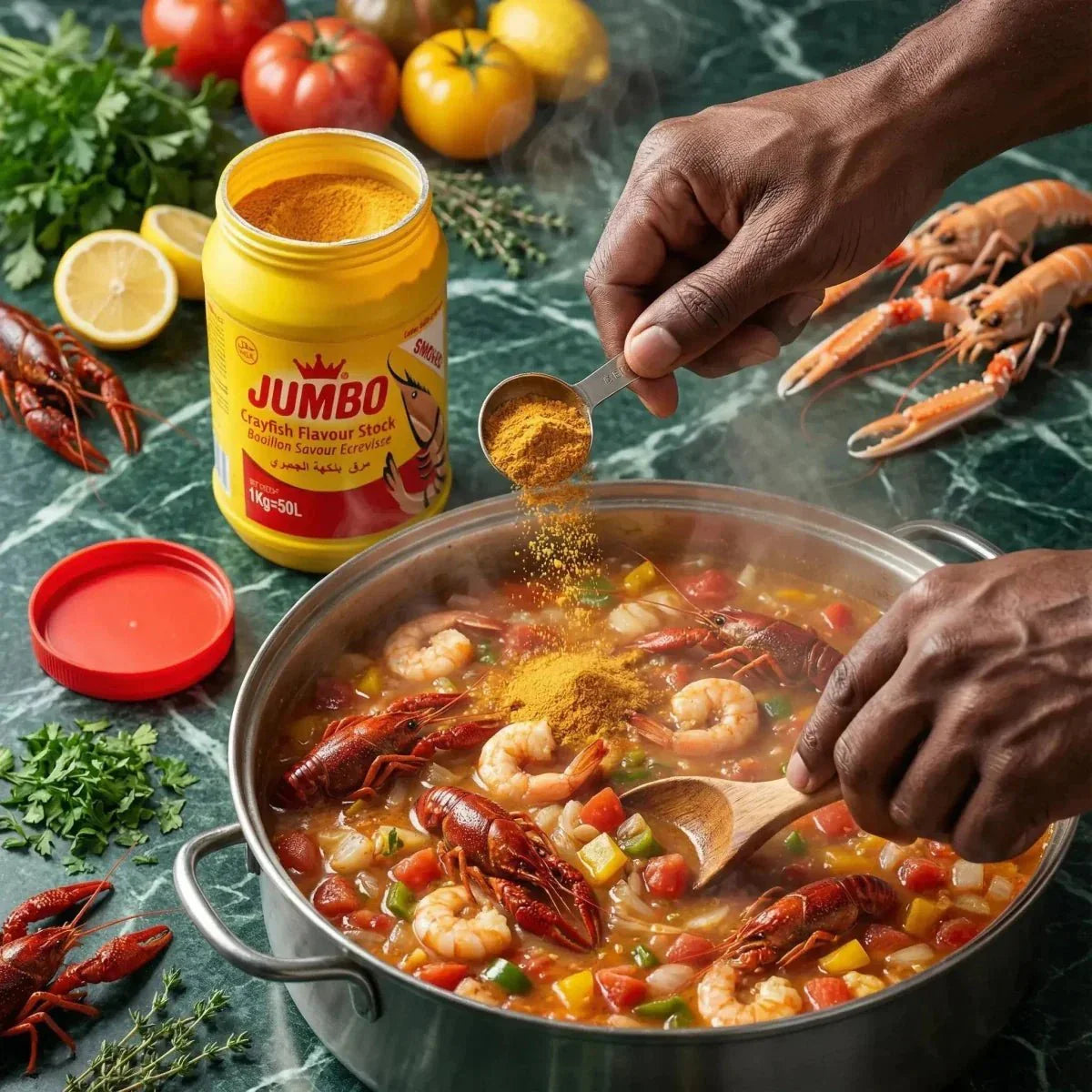 Bereiding van een garnalenbisque met Jumbo bouillon. Garnalen, groenten, kruiden en groene fond.