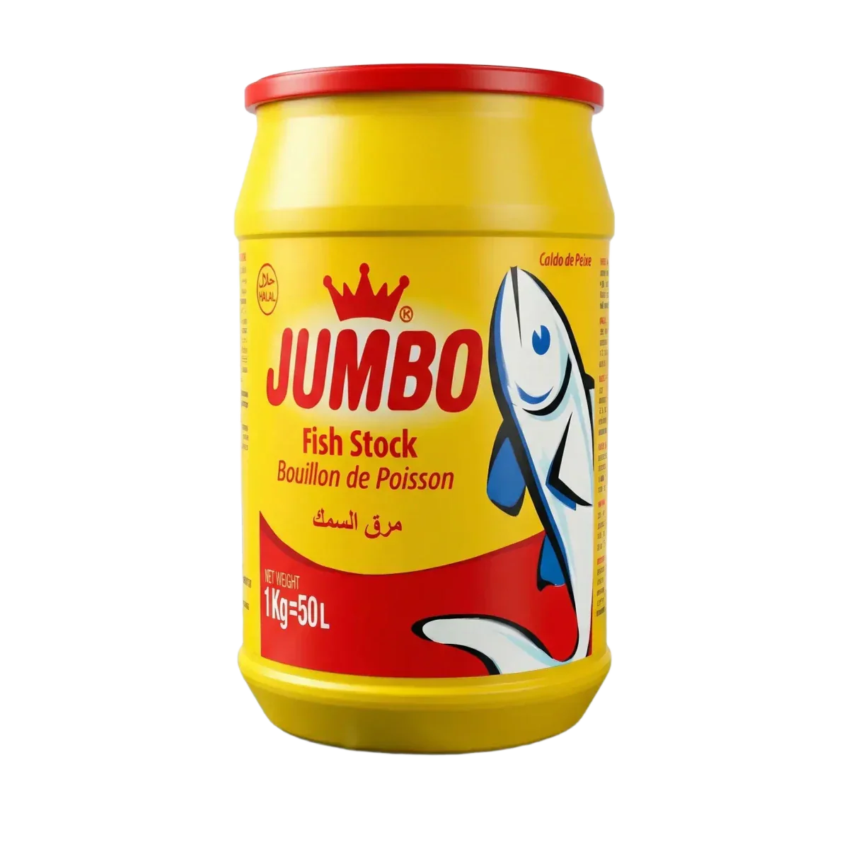 JUMBO visbouillonpoeder, gele en rode doos, etiket met visafbeelding.