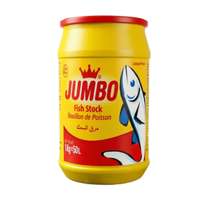 Bouillon de poisson JUMBO en poudre, boîte jaune et rouge, étiquette avec dessin de poisson.