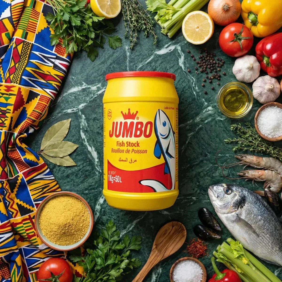 Bouillon de poisson JUMBO 1kg en pot jaune, entouré d'ingrédients frais : poisson, légumes.