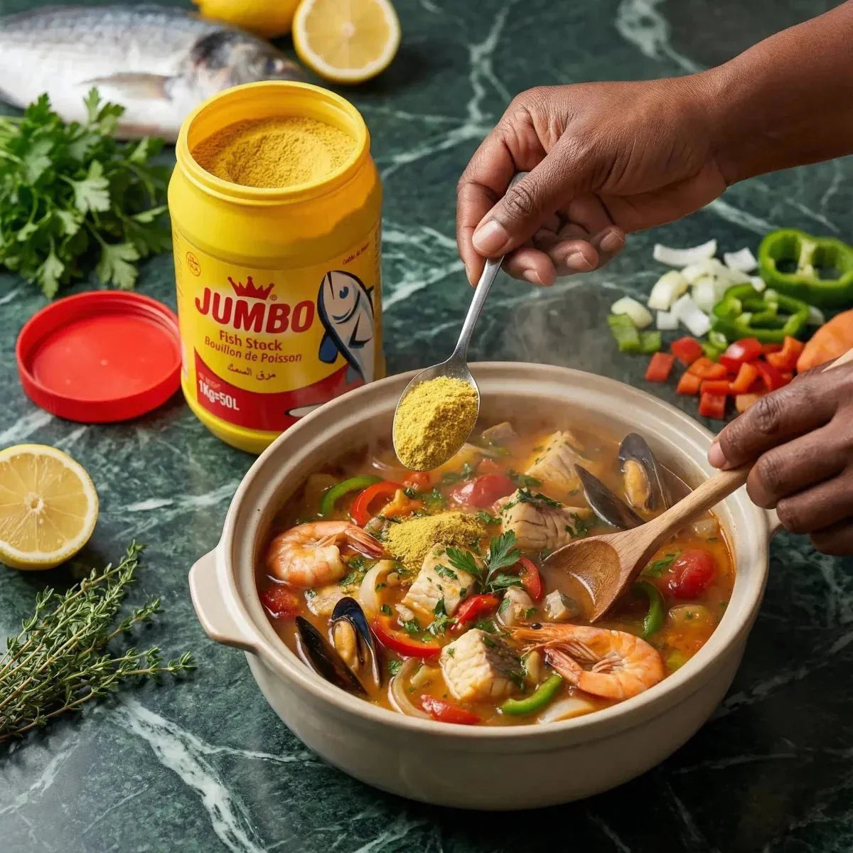Bouillon de poisson JUMBO, boîte jaune, soupe de poisson avec crevettes et légumes colorés.