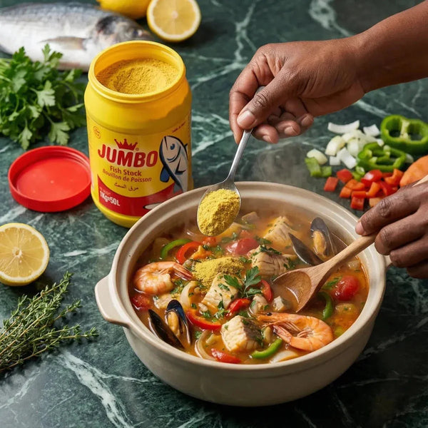 Bouillon de poisson JUMBO, boîte jaune, soupe de poisson avec crevettes et légumes colorés.