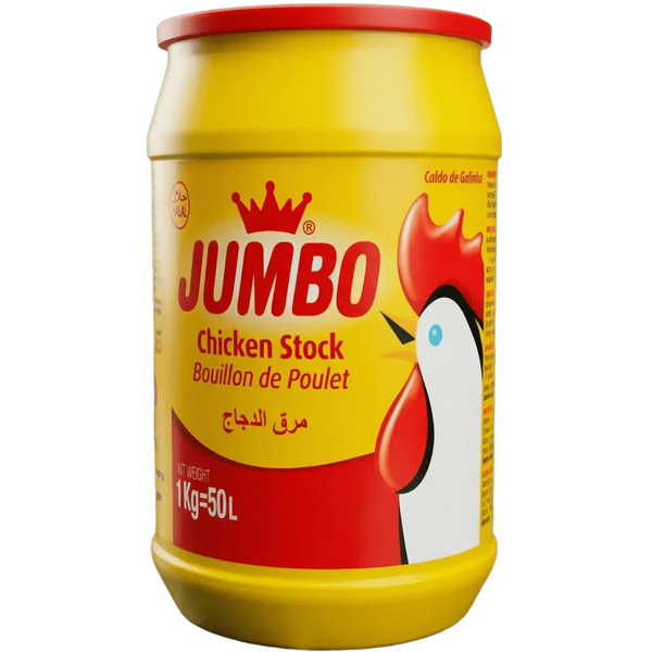 Pot de bouillon de poulet Jumbo 1kg, emballage jaune et rouge avec logo et image de coq.