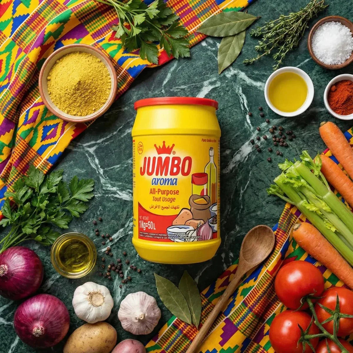 Jumbo aroma, bouillonpoeder in gele pot, verse groenten en kruiden. Koken met smaak.