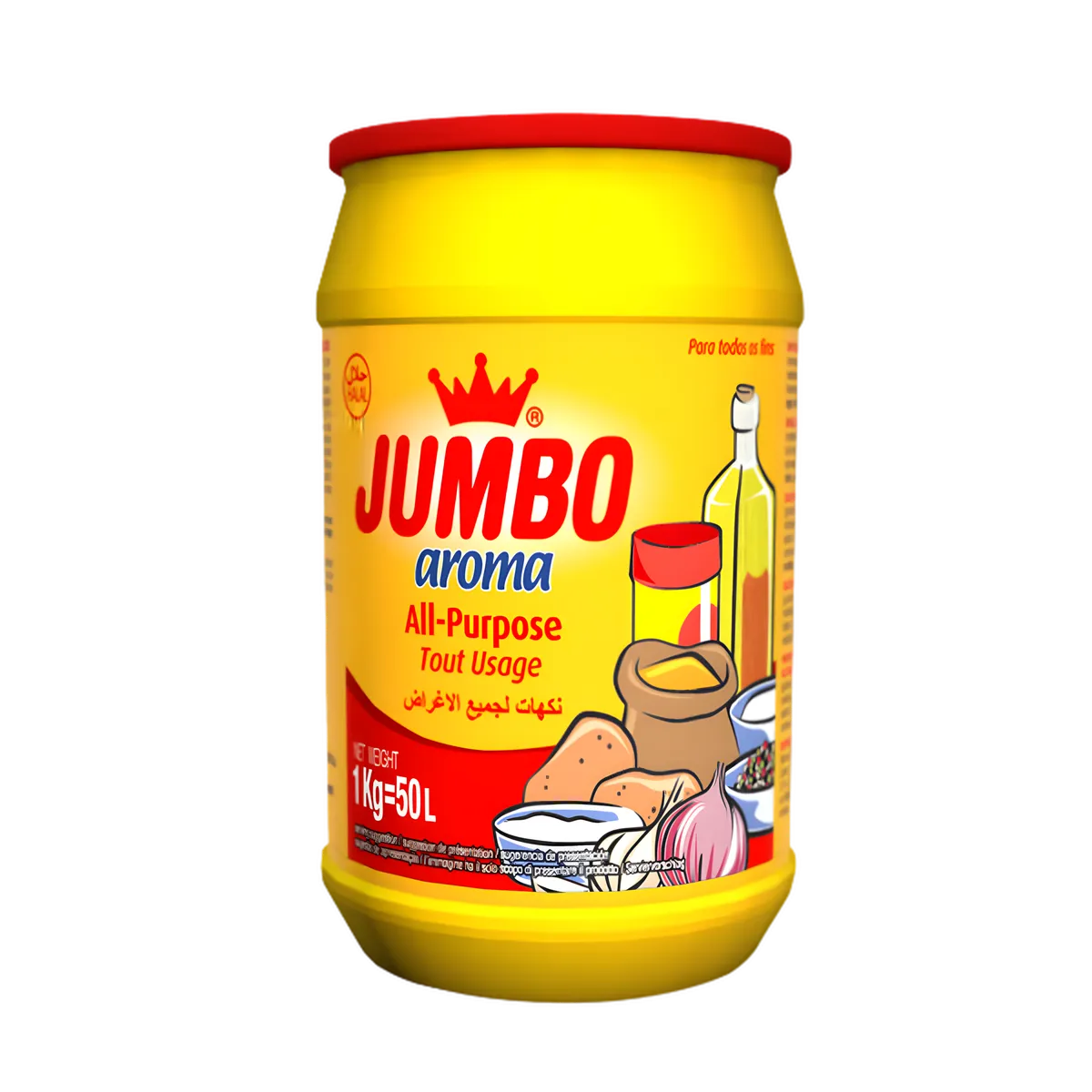 Bouillon poudre aroma JUMBO 1kg en pot jaune, assaisonnement tout usage pour soupes et plats mijotés. Épicerie salée riche en saveurs.