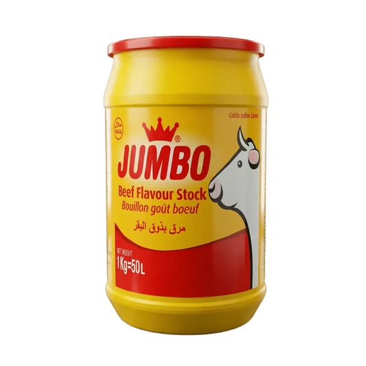 JUMBO rundvleesbouillonpoeder, gele en rode doos, Halal vermeld, vleessmaak.