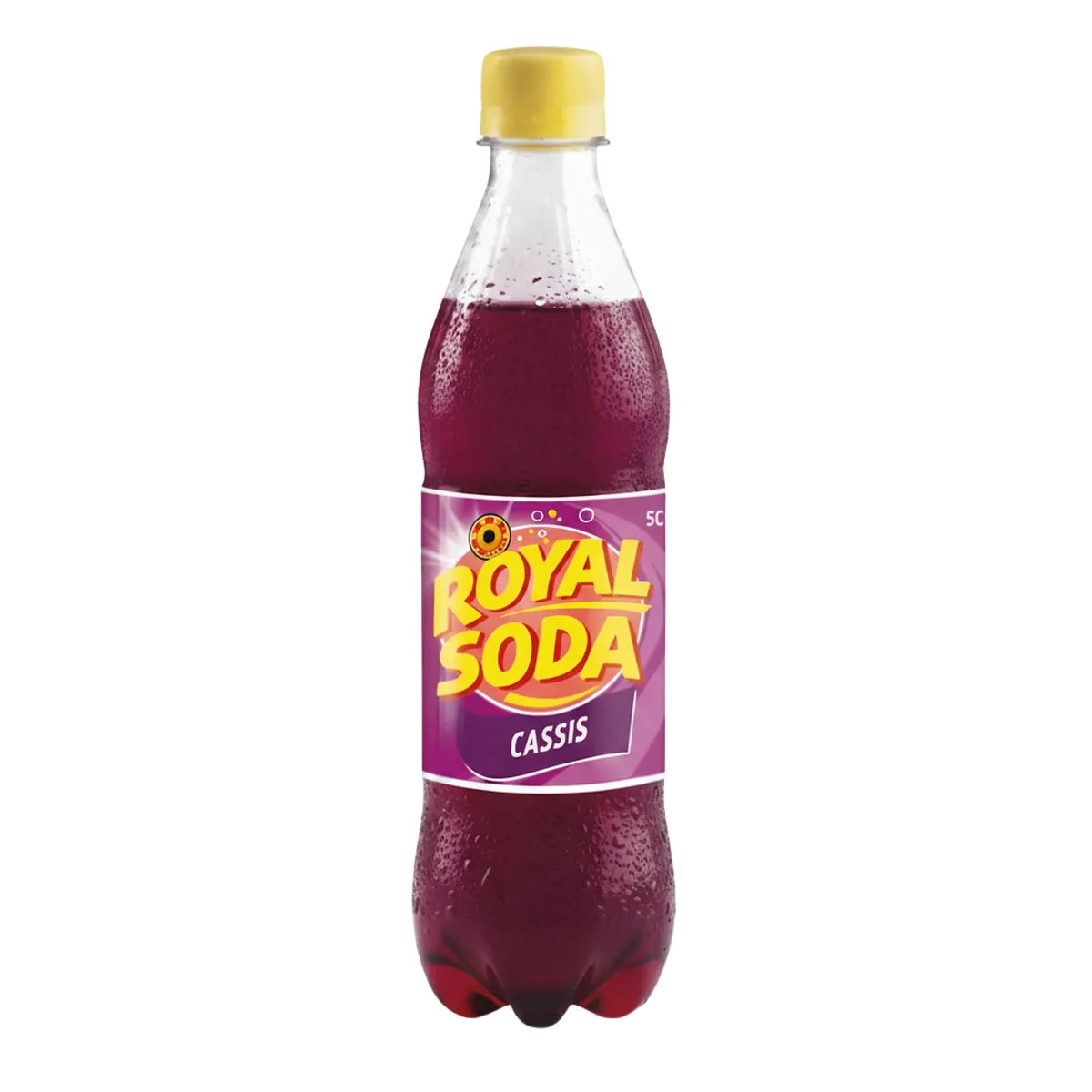 Bouteille de Soda Cassis Pétillant ROYAL SODA 50cl, boisson gazeuse rafraîchissante au goût intense de cassis, idéale pour se désaltérer.