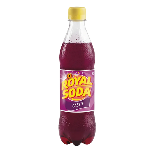 Bouteille de Soda Cassis Pétillant ROYAL SODA 50cl, boisson gazeuse rafraîchissante au goût intense de cassis, idéale pour se désaltérer.