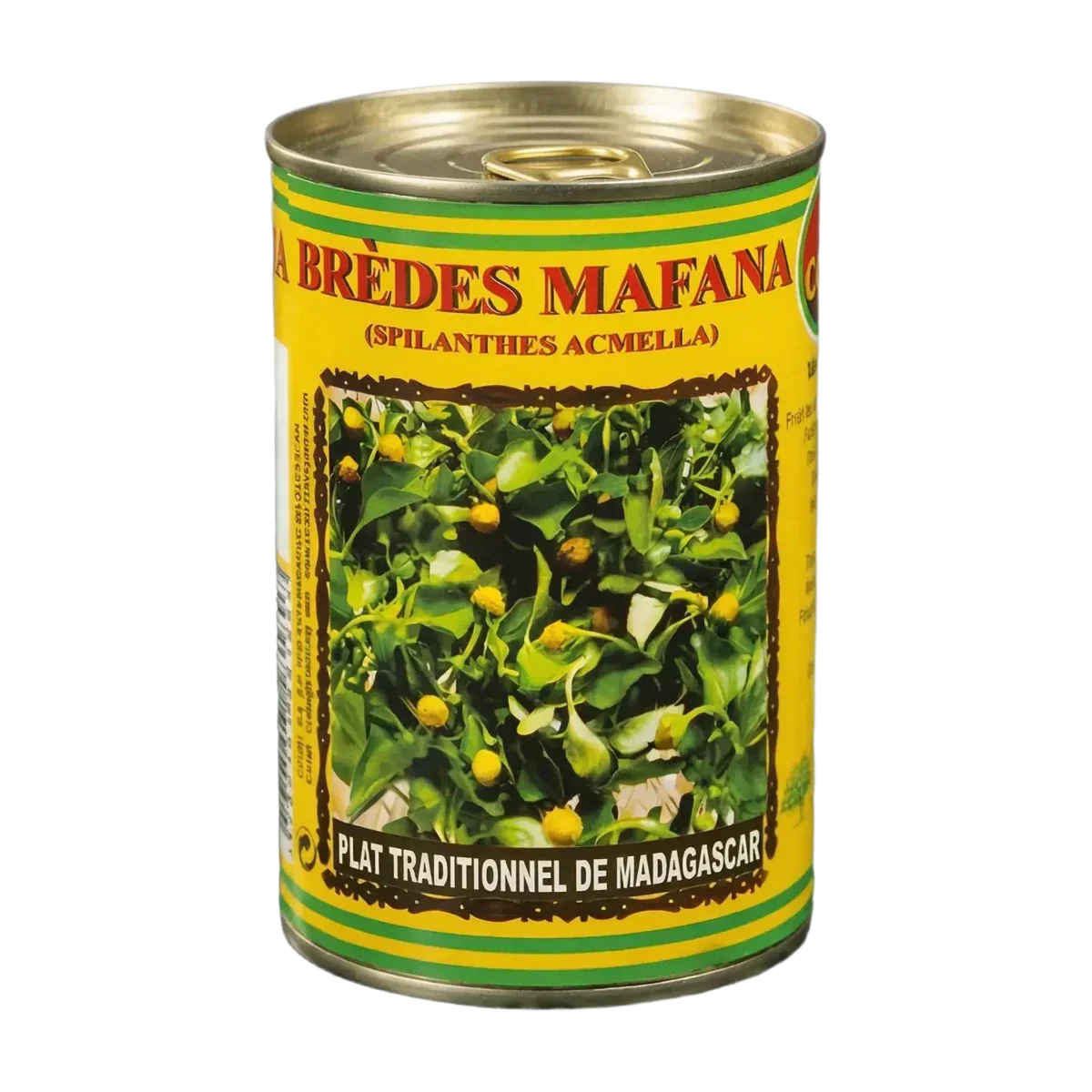 Ingelegde brèdes mafana (Spilanthes acmella), traditioneel gerecht uit Madagaskar. Geel blik.