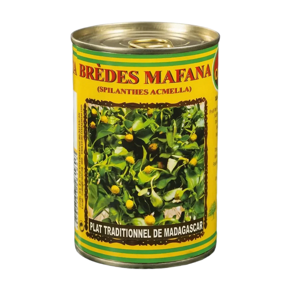 Conserve de brèdes mafana (Spilanthes acmella), plat traditionnel de Madagascar. Boîte jaune.