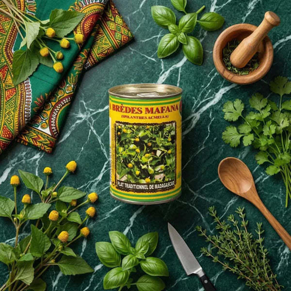 Conserve Brèdes Mafana Codal 400g sur fond vert marbré avec herbes fraîches, tissu africain.