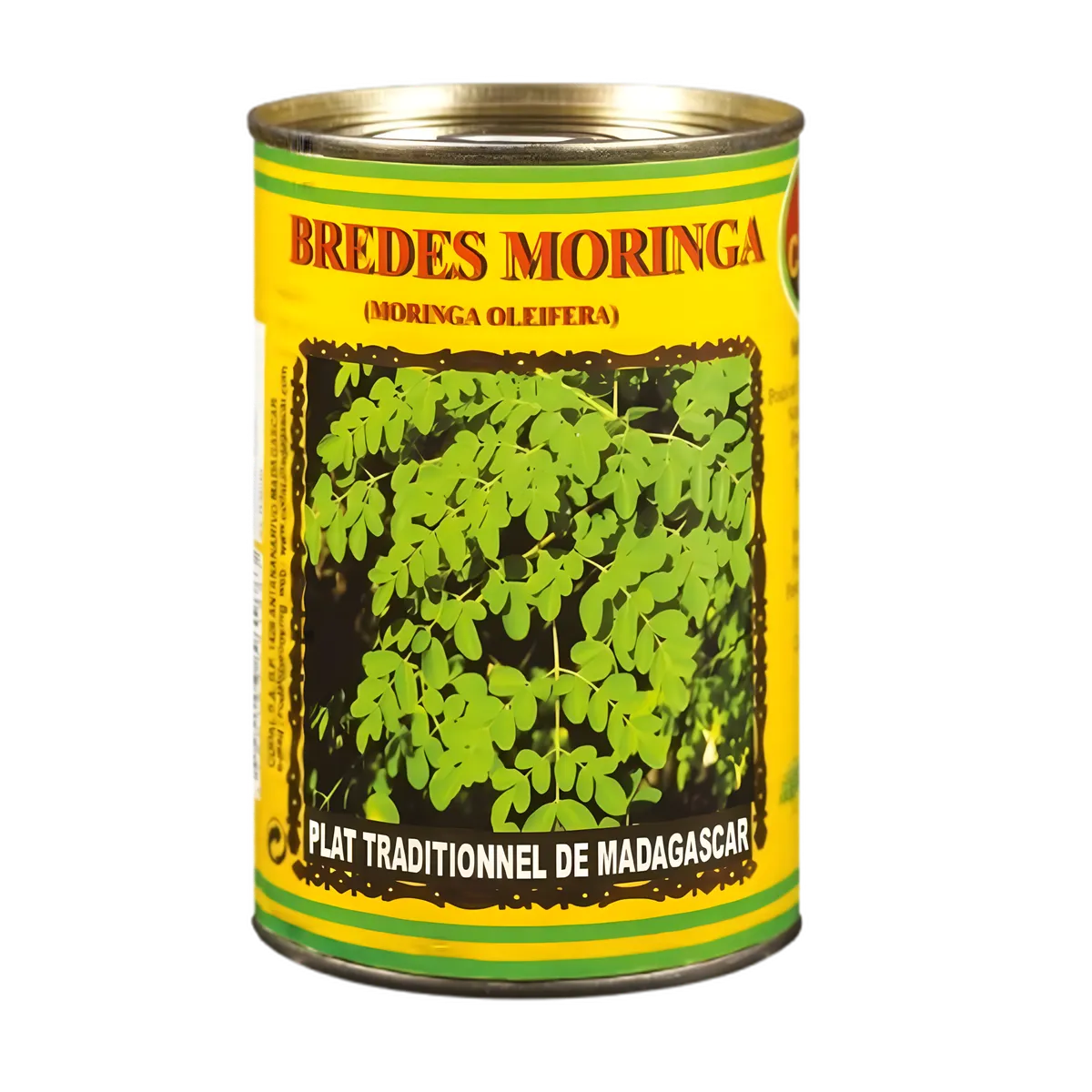 Conserve de brèdes moringa CODAL, feuilles comestibles riches en nutriments, spécialité malgache en épicerie salée. Emballage vert et jaune distinctif.